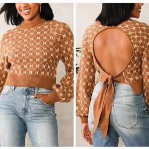 Buckle Willow & Root Open-Back Tie Brown Crop Sweater S